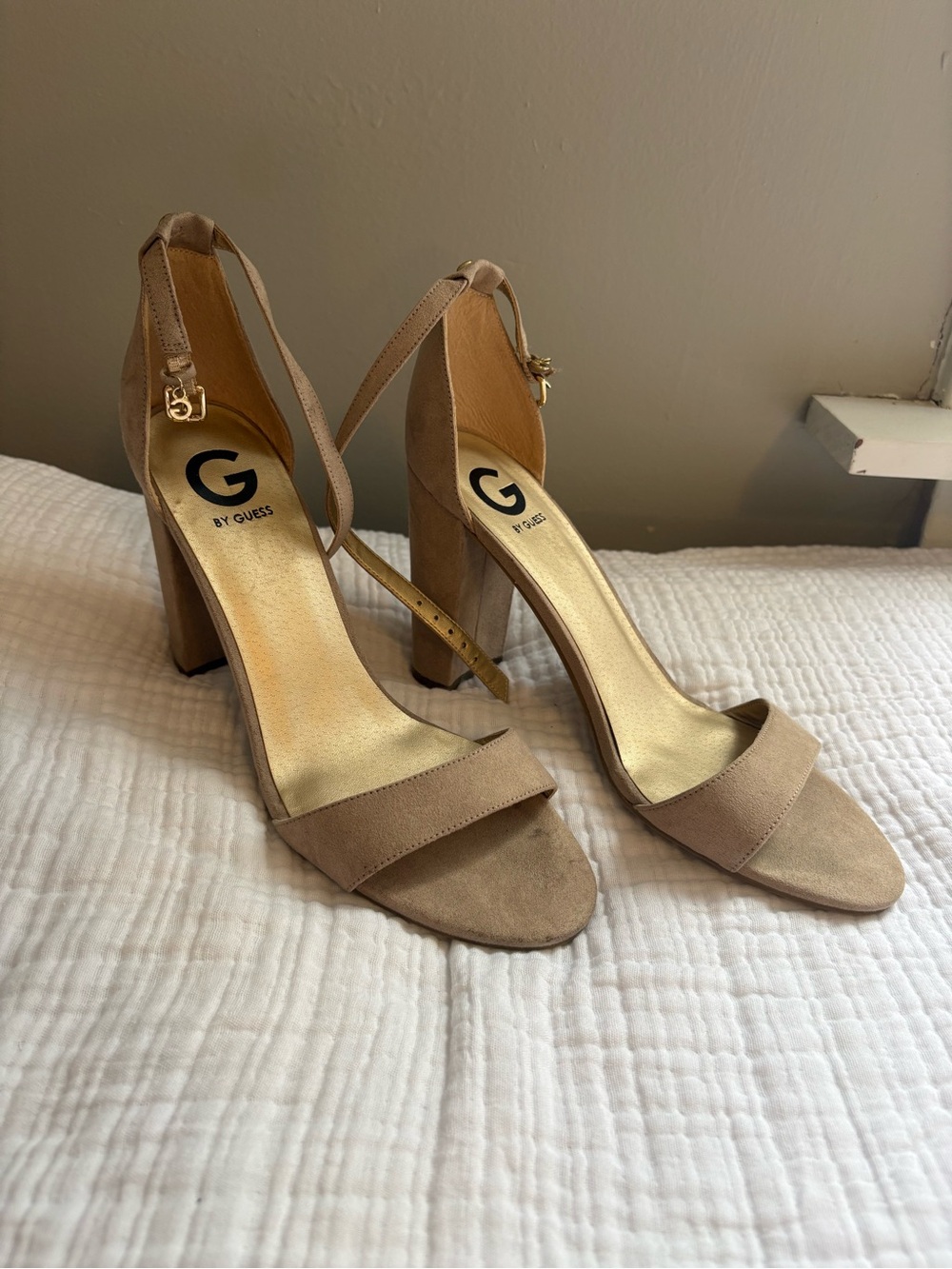 G by Guess Nude Suede Block Heel Sandals
